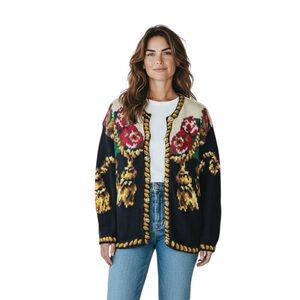 Vintage 80’s The Eagle’s Eye Handknit Floral Tassel Cardigan Sweater Size Medium